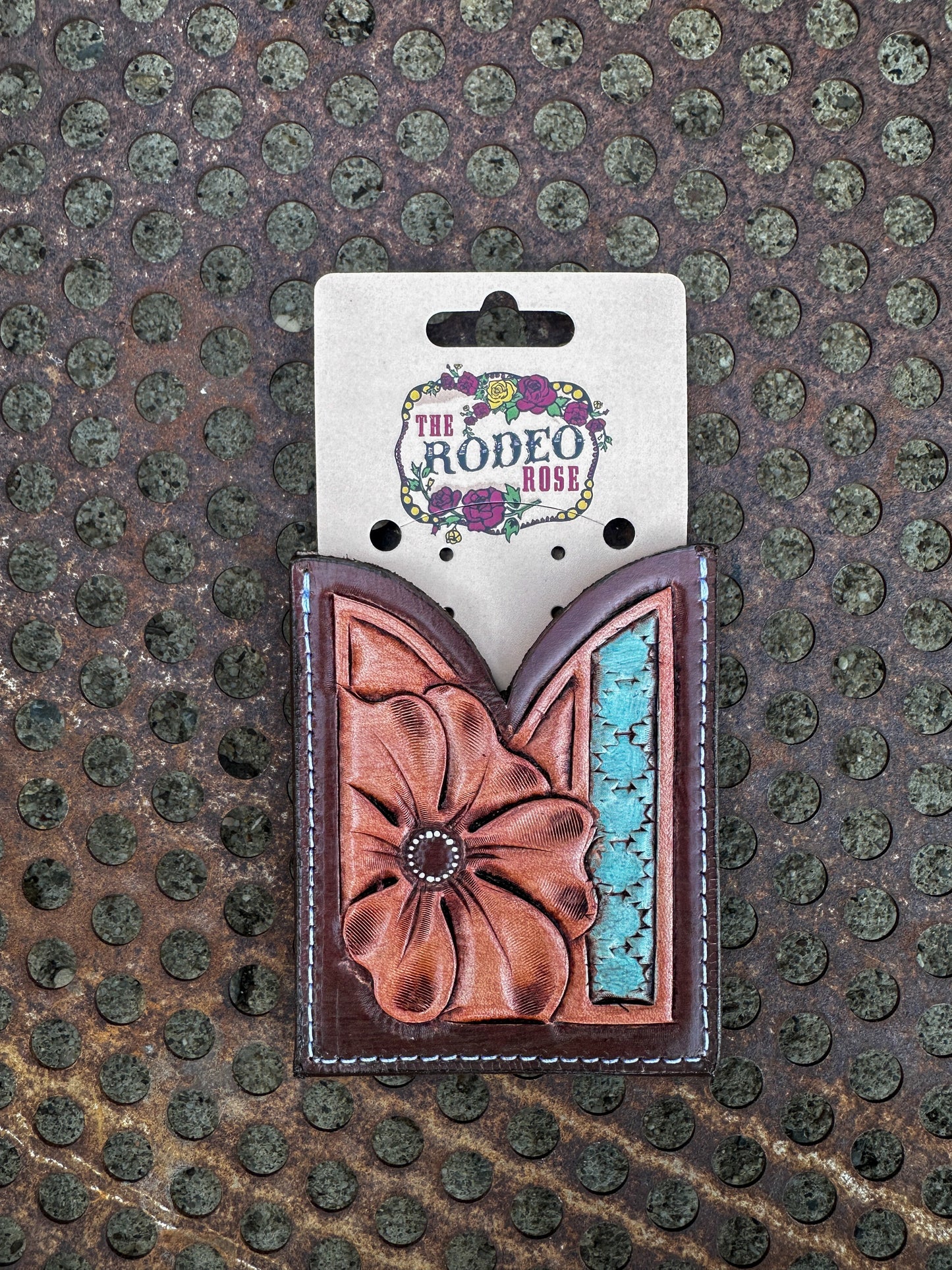 Front Pocket Hand Tooled Leather Wallet with a Flower and Southwest Bar