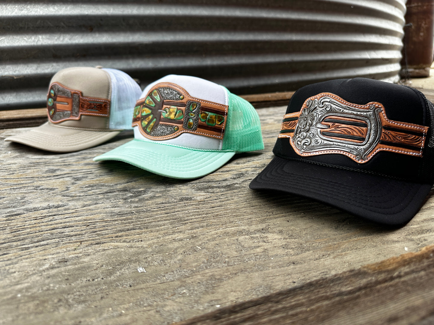 Silver Buckle Handtooled Leather Patch Cap