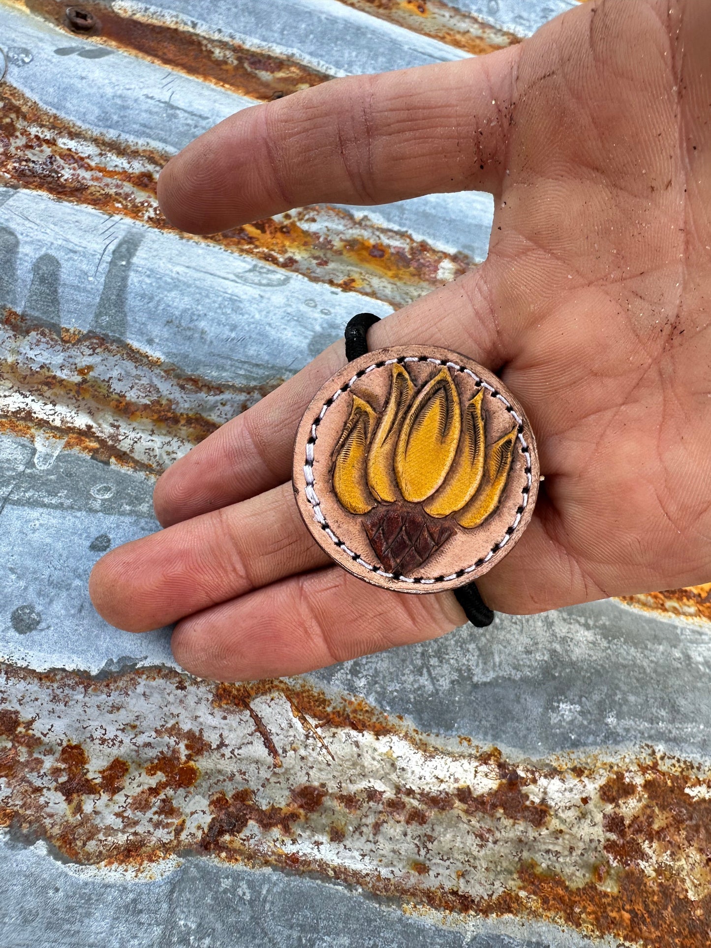 Hand Tooled Leather Hair-Tie with Coneflower The Rodeo Rose