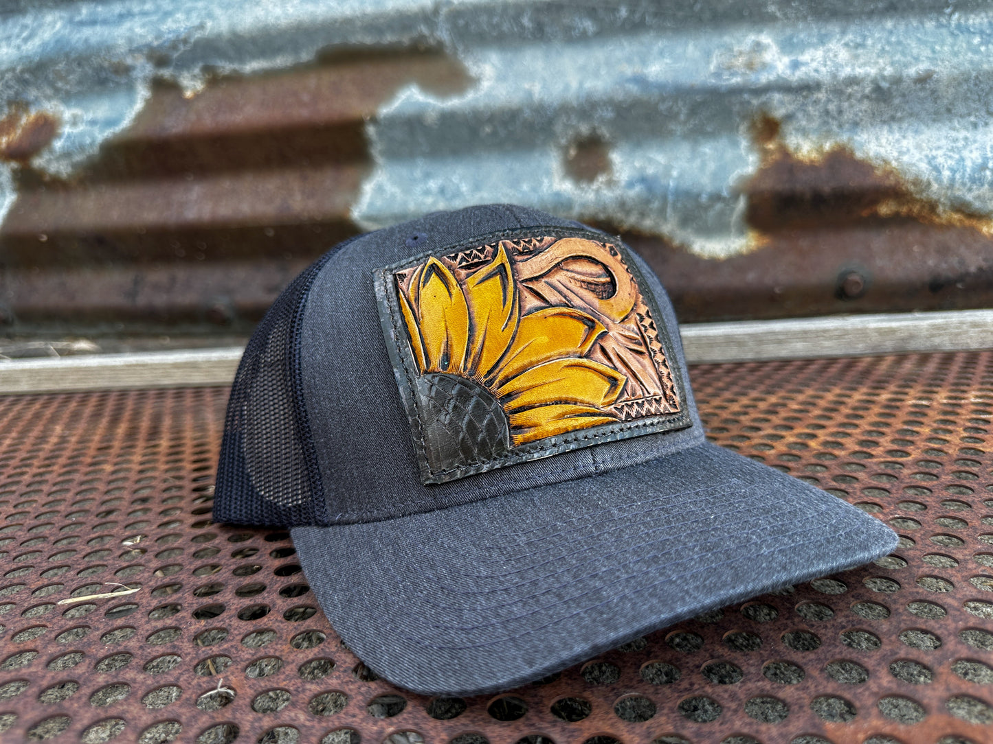Sunflower and Southwest Handtooled Leather Patch Cap