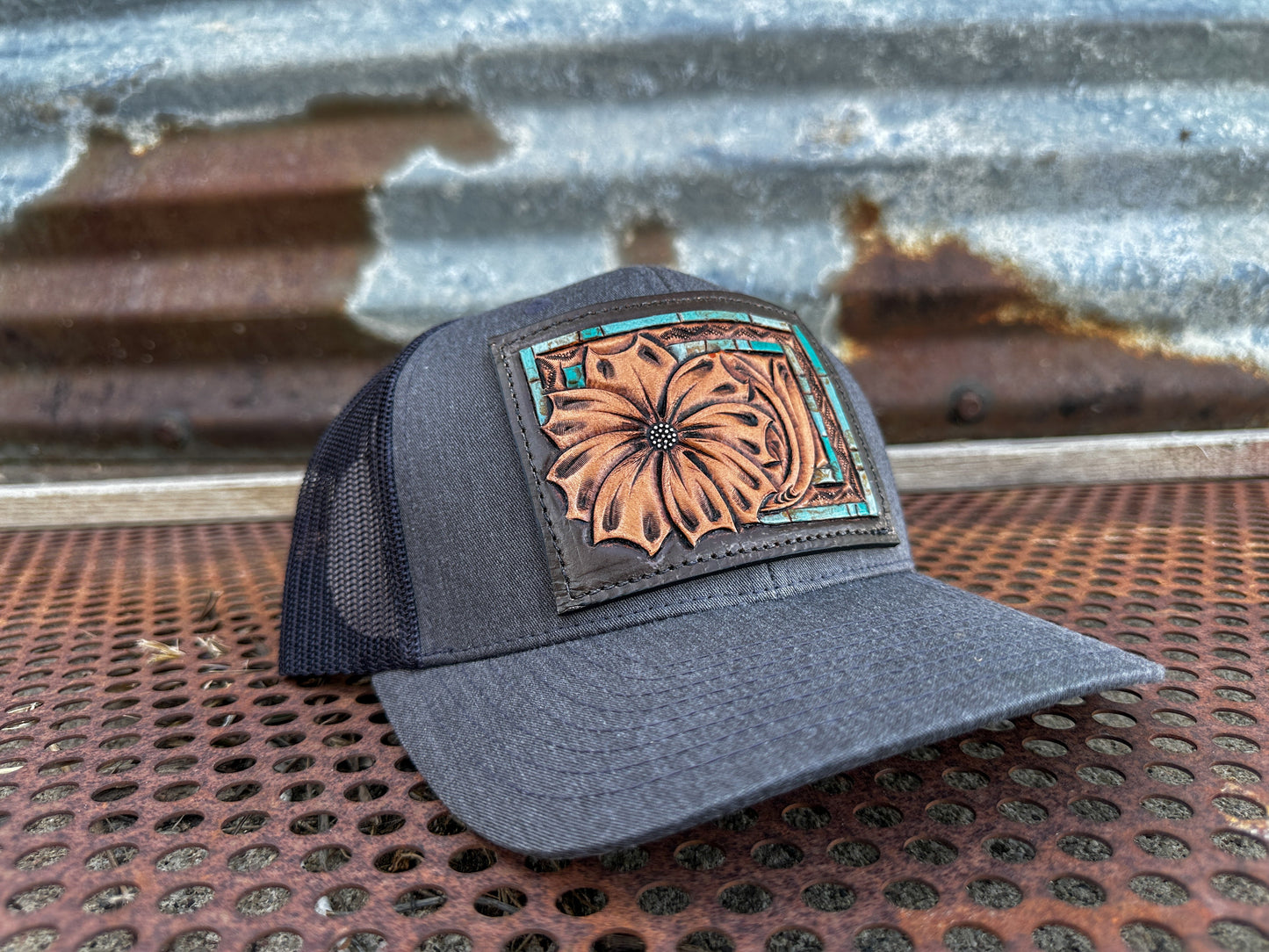 The Daisy Handtooled Leather Patch Cap with Turquoise Southwestern Border