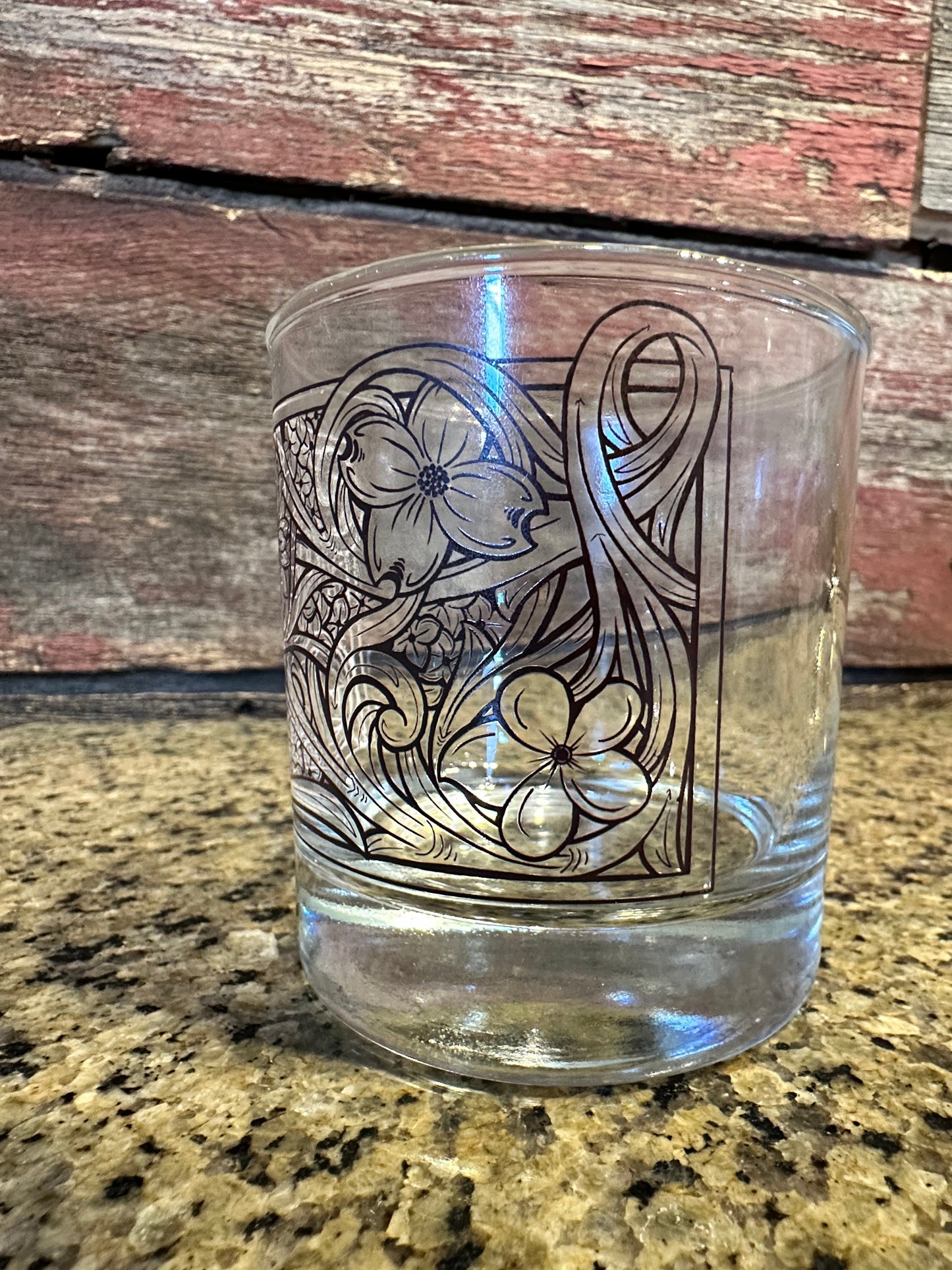 On the Rocks Glass 12 oz floral tooled design The Rodeo Rose