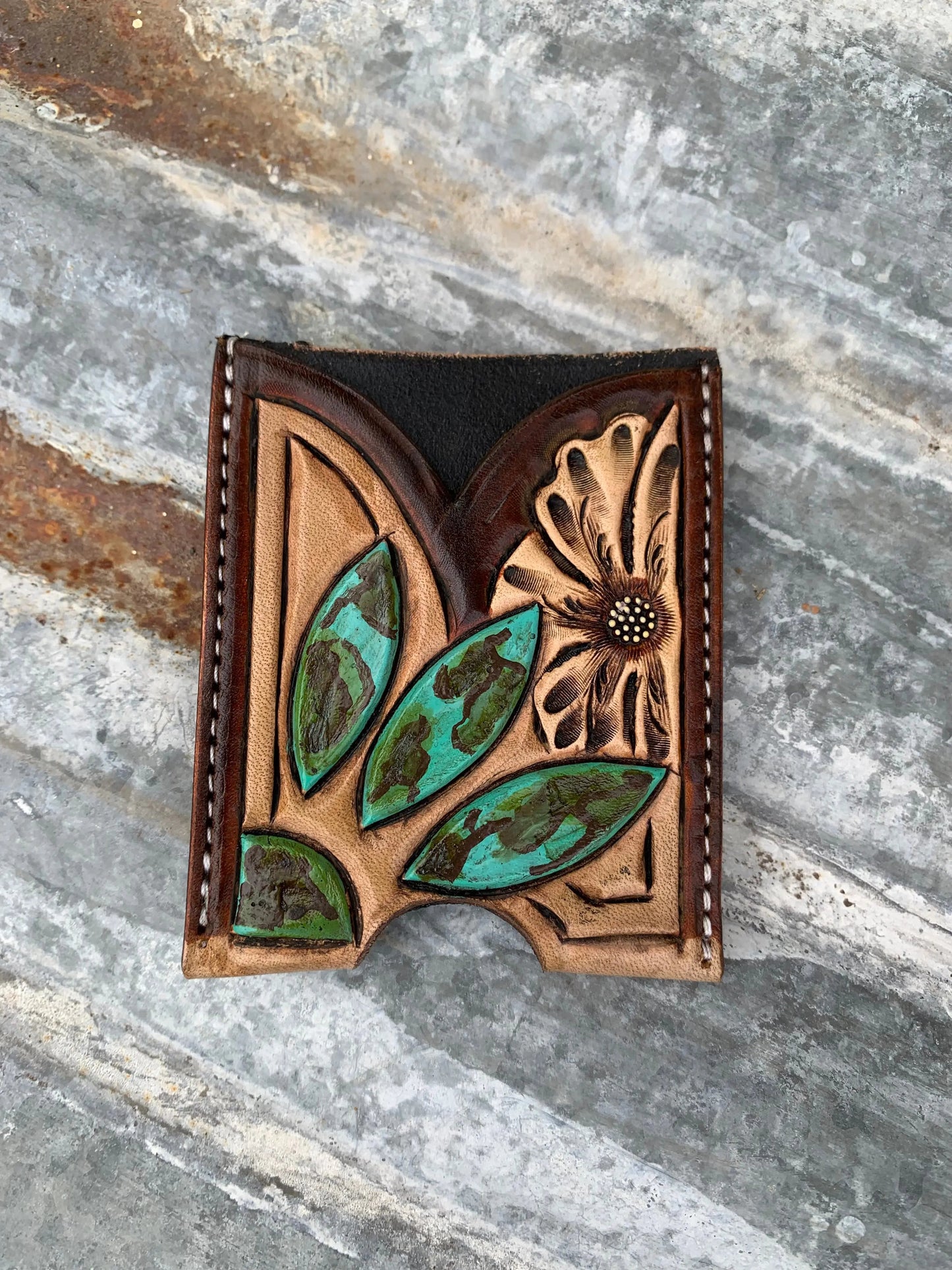Front Pocket Hand Tooled Leather Wallet with a Turquoise Sun and Flower The Rodeo Rose