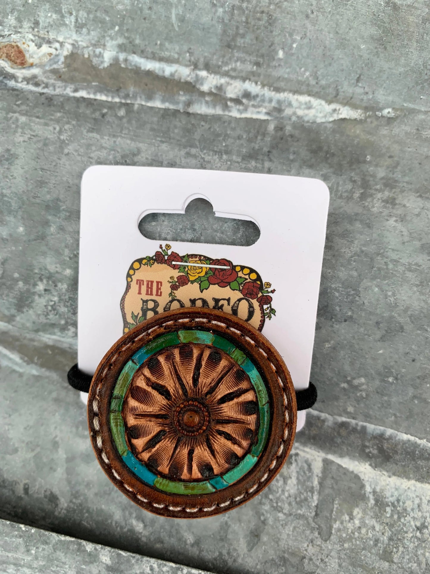 Hand Tooled Leather Hair-Tie with Floral and Turquoise Border The Rodeo Rose