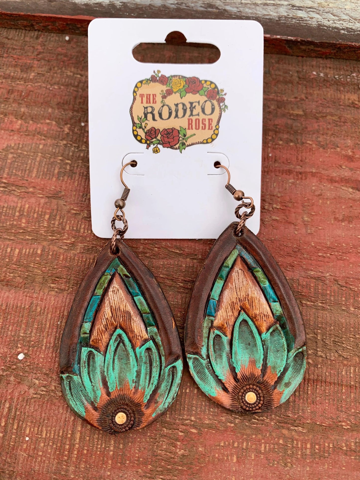 The Tad Hand tooled Leather Earring with Turquoise Border The Rodeo Rose