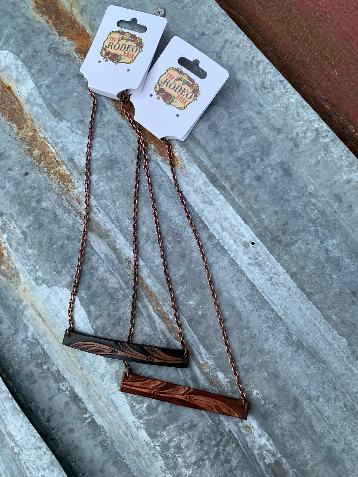Vera Bar Hand tooled Leather Necklace The Rodeo Rose