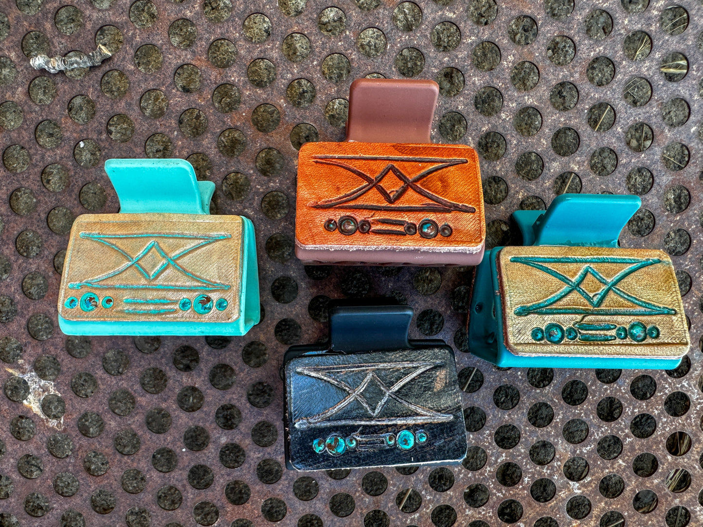 Tooled Leather Hair Clip Boot Stitch Small