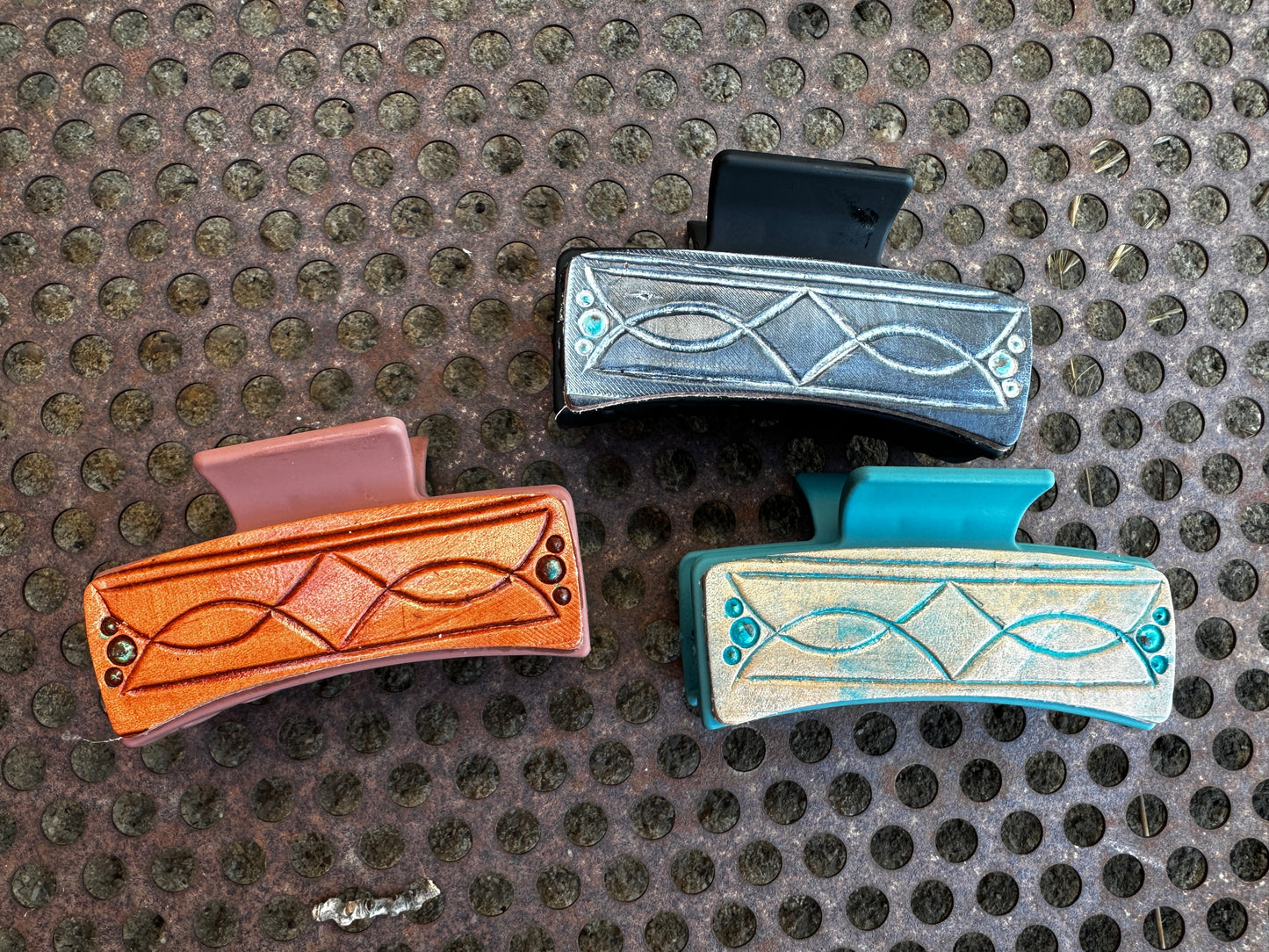 Hand tooled Leather Hair clip Boot Stitch