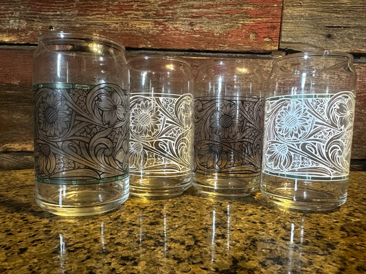 Can Glass Floral Leather Tooled