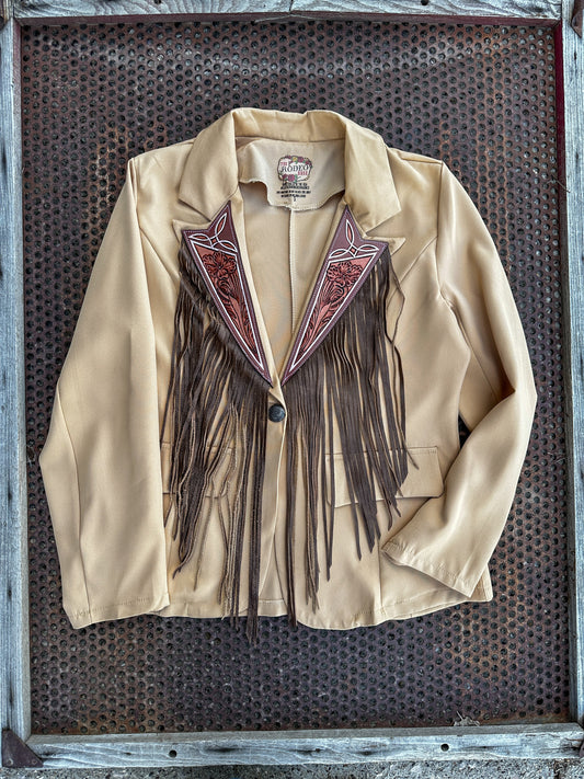 Boot stitch hand tooled lapel blazer with fringe in tan