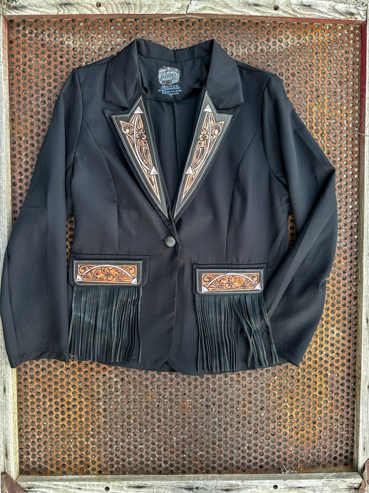 Arrow hand tooled lapel blazer with fringe in black