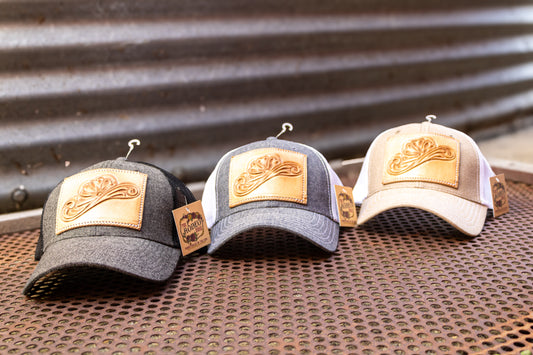 Tooled Cowboy Hat Leather Patch Chambray Low Profile Trucker Cap