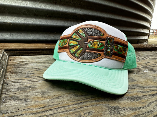 Green Turquoise Handtooled Buckle Cap