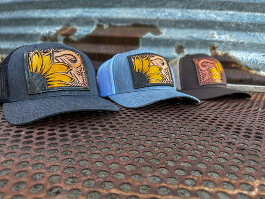 Sunflower and Southwest Handtooled Leather Patch Cap
