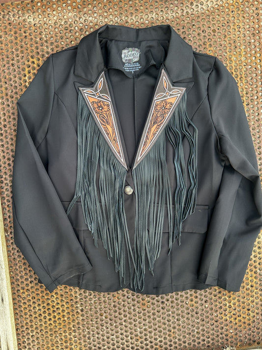 Boot stitch hand tooled lapel blazer with fringe in black