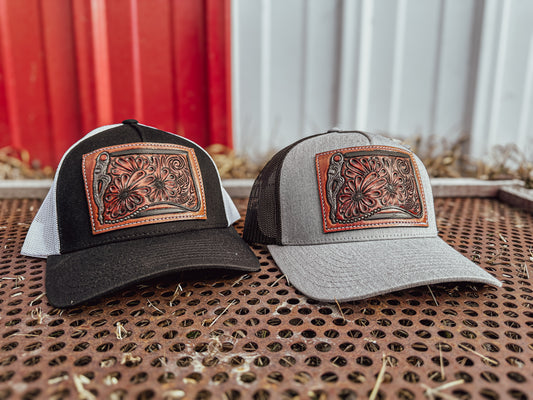 Bridle Bit and Daisy Tooled Leather Patch Cap