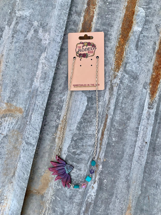 Cone Flower Handtooled Leather Necklace with Crystal Beads and Turquoise The Rodeo Rose