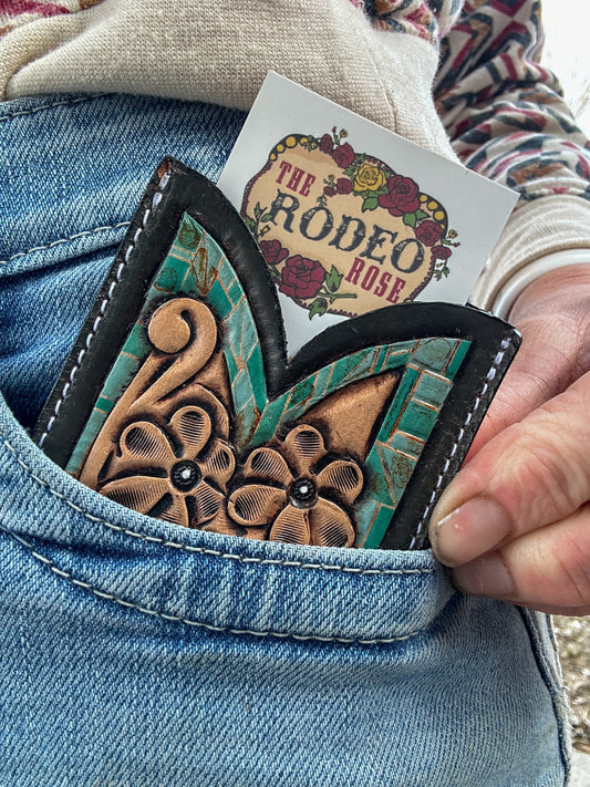 Front Pocket Hand Tooled Leather Wallet with Petite Flowers and Turquoise Border