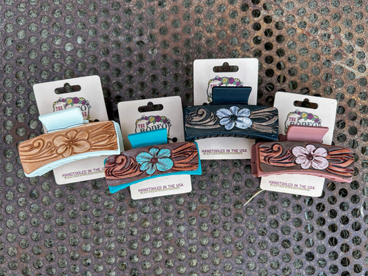 Hand tooled Leather Hair clip Bubble Flower