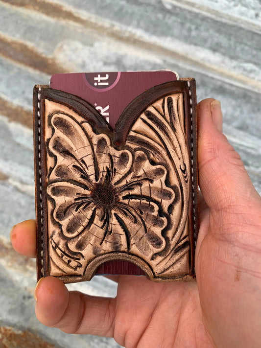 Front Pocket Hand Tooled Leather Wallet with a Sheridan Flower The Rodeo Rose