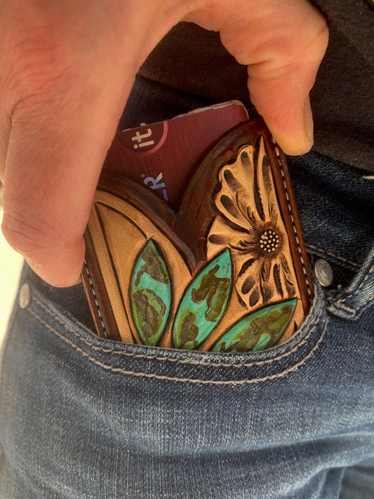 Front Pocket Hand Tooled Leather Wallet with a Turquoise Sun and Flower The Rodeo Rose