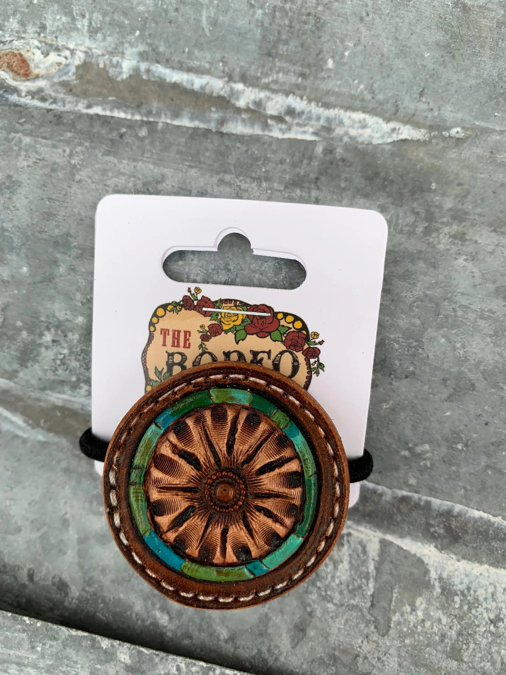 Hand Tooled Leather Hair-Tie with Floral and Turquoise Border The Rodeo Rose