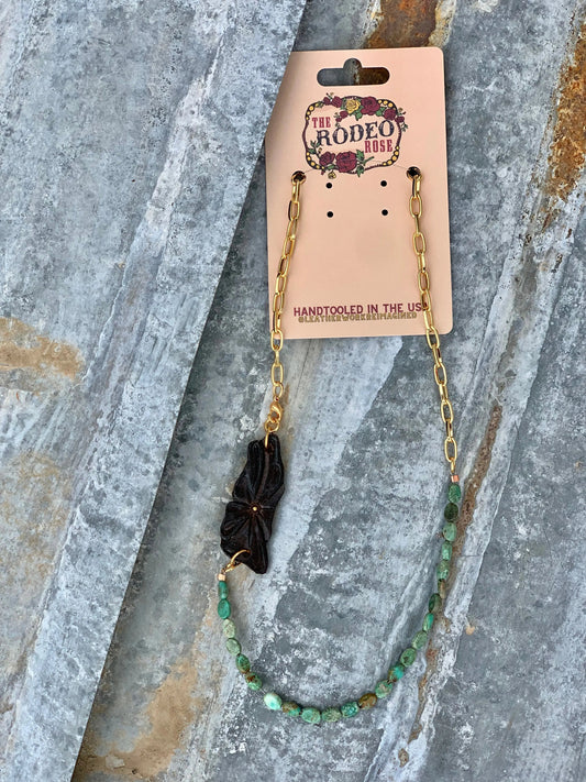 Hand tooled Long Sheridan Flower Necklace with Gold Chain and Turquoise The Rodeo Rose