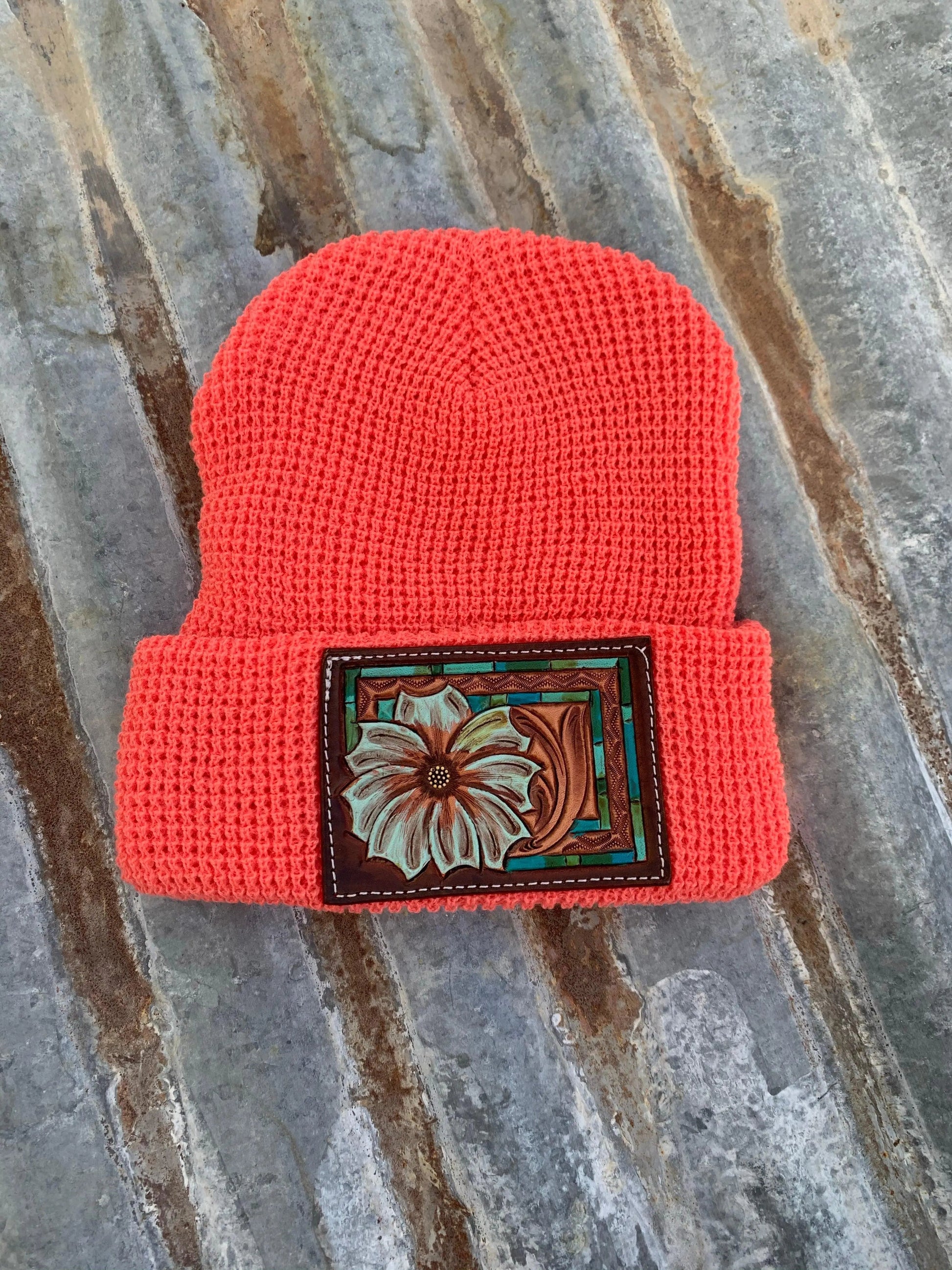 The Daisy Handtooled Leather Patch Beanie, Fitted in Turquoise and Southwest Border The Rodeo Rose