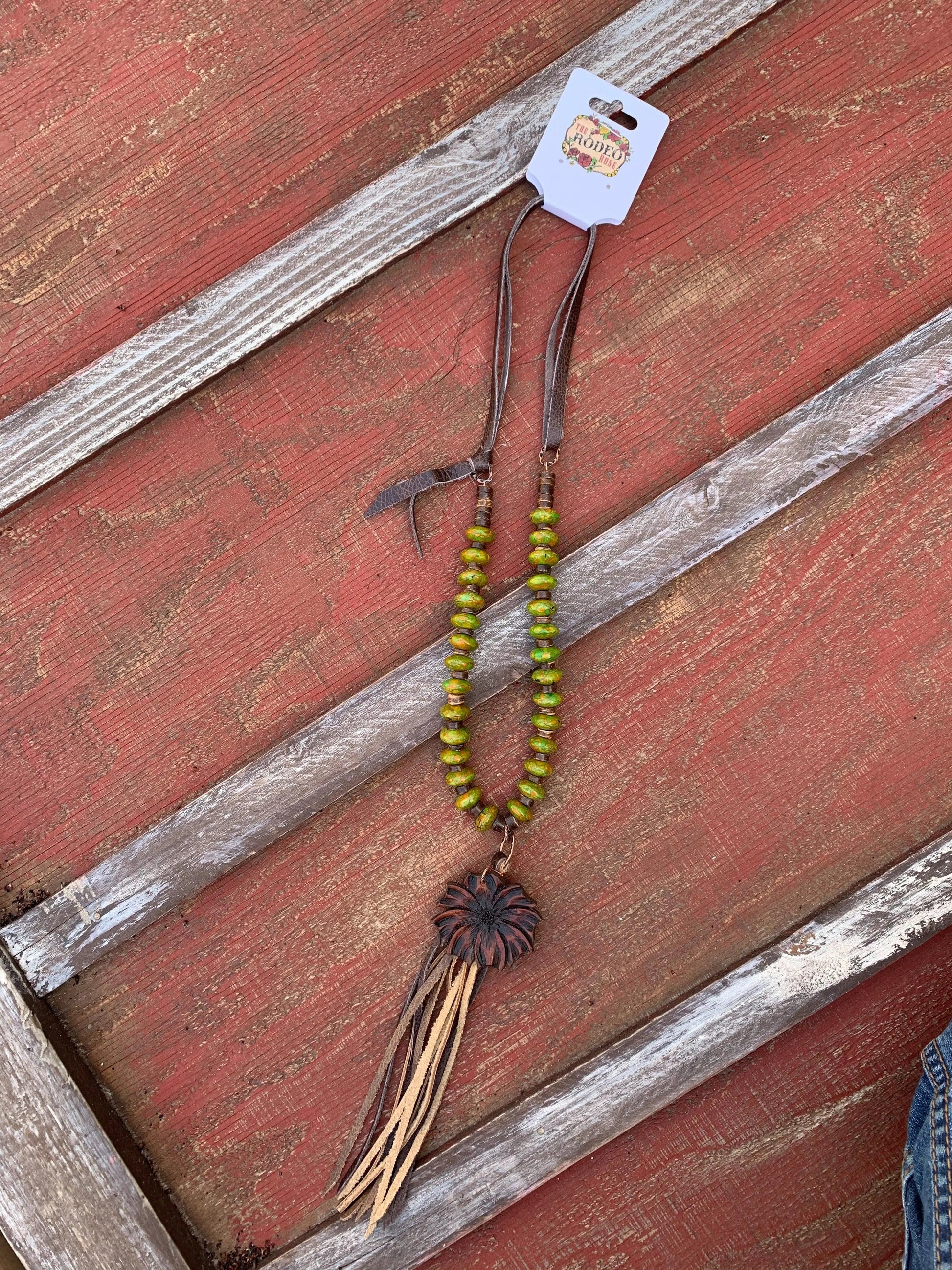 The Mabel Necklace in Green Turquoise with Hand Tooled Pendant The Rodeo Rose