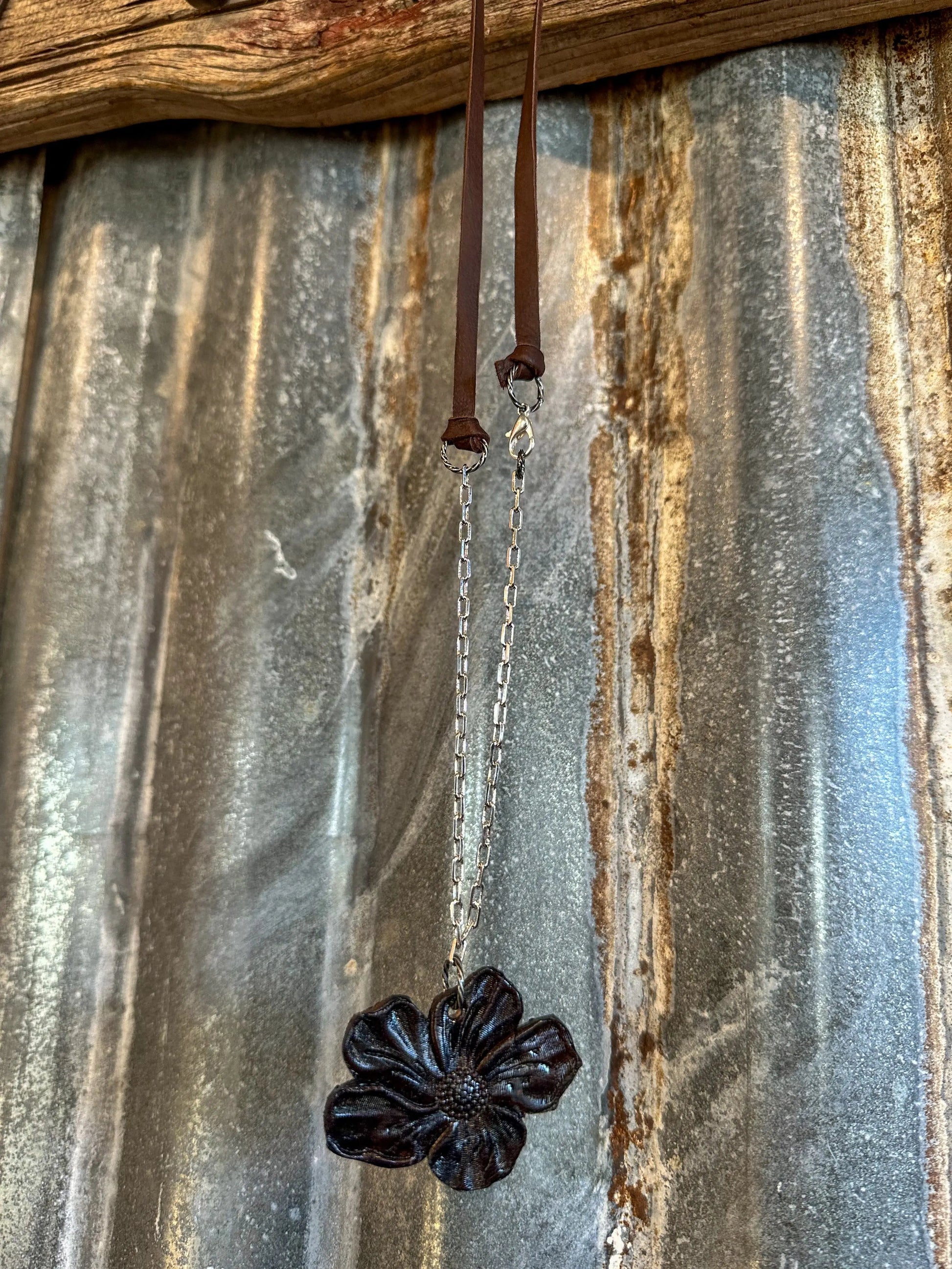 The Mabel Necklace with Handtooled Leather Poppy Pendant and Paperclip Chain The Rodeo Rose