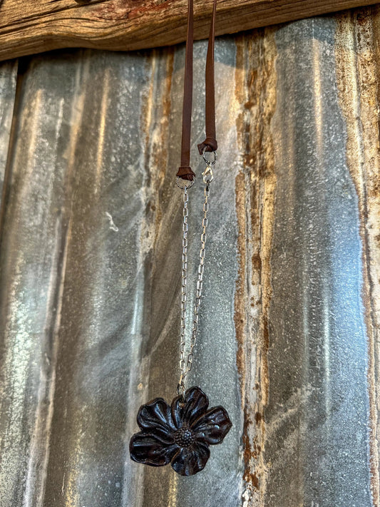 The Mabel Necklace with Handtooled Leather Poppy Pendant and Paperclip Chain The Rodeo Rose
