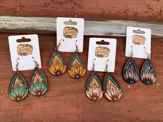 The Tad Hand tooled Leather Earring with Turquoise Border The Rodeo Rose