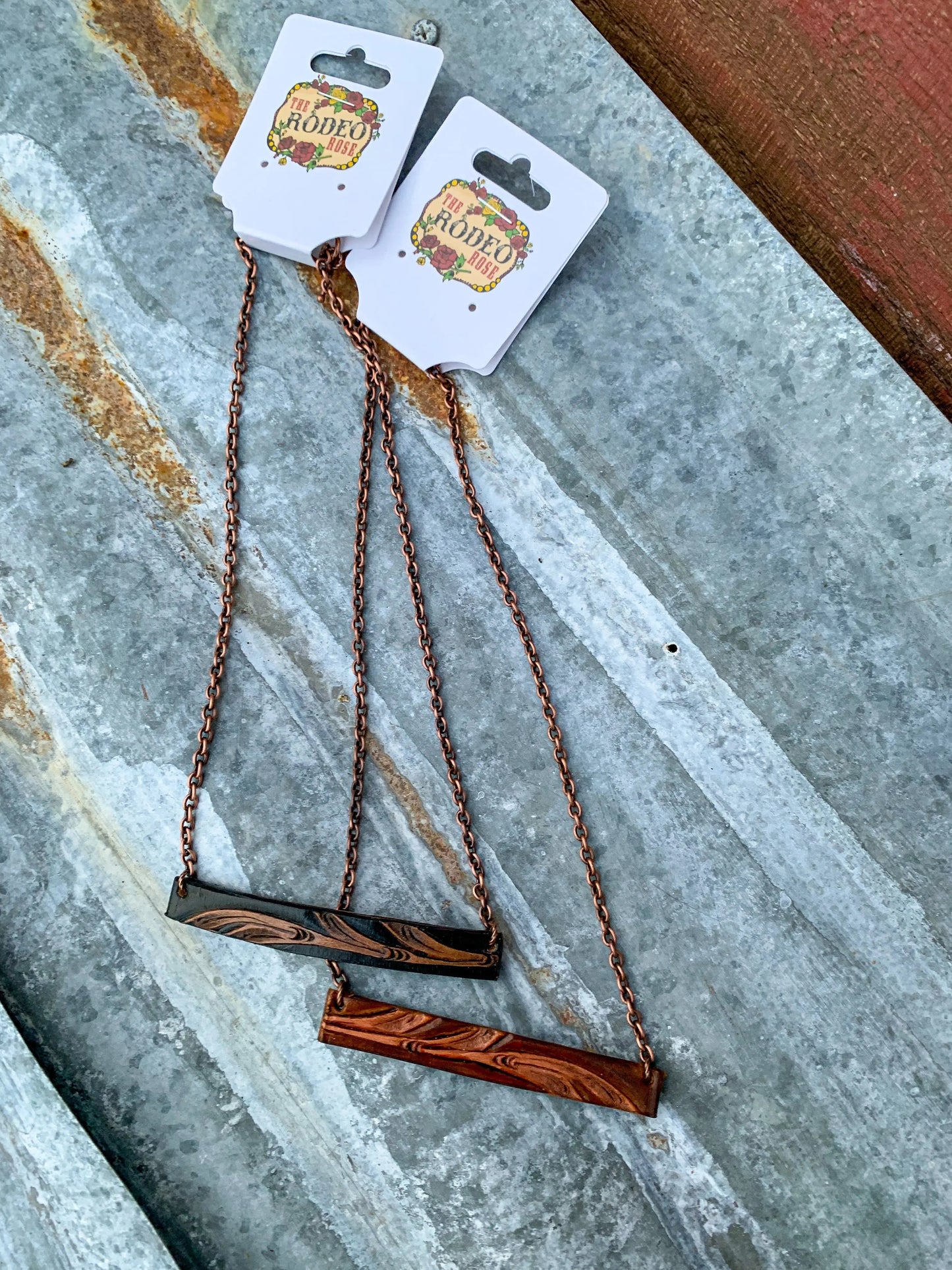 Vera Bar  Hand tooled Leather Necklace The Rodeo Rose